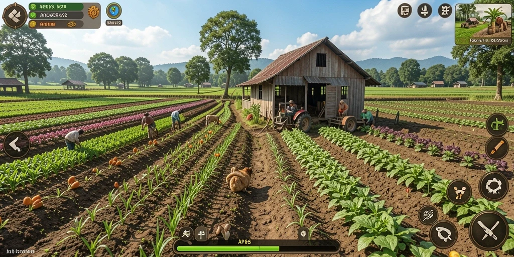Screenshot menunjukkan petani sedang merawat ladang dan hewan ternak.