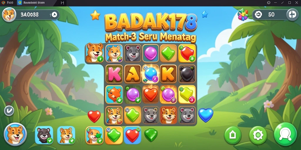 Tampilan gameplay BADAK178 dengan grafis cerah dan tantangan Match-3.