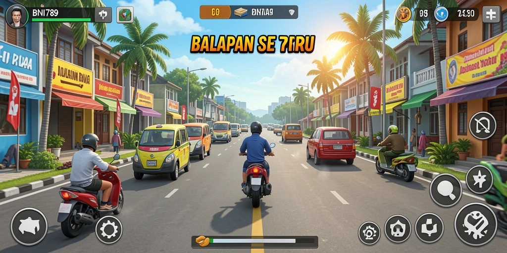 Screenshot BNI789 menampilkan aksi balapan mendebarkan.