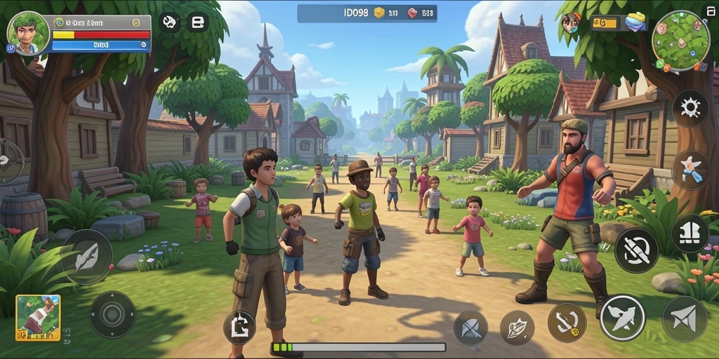 Screenshot gameplay ID098 menunjukkan interaksi yang dinamis antar karakter.