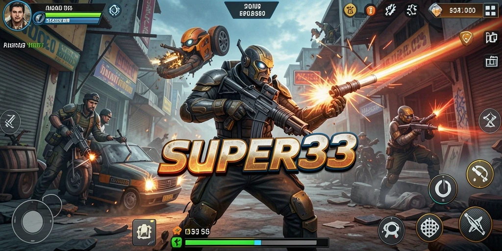 Tangkapan layar SUPER33 menunjukkan aksi gameplay yang mendebarkan dan intens.