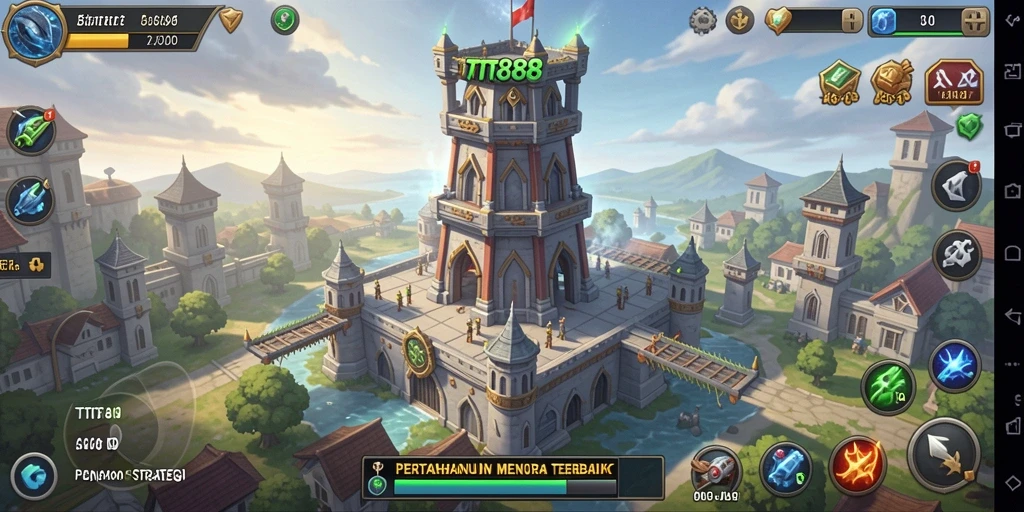 Screenshot gameplay TTT888 menampilkan menara pertahanan yang strategis.